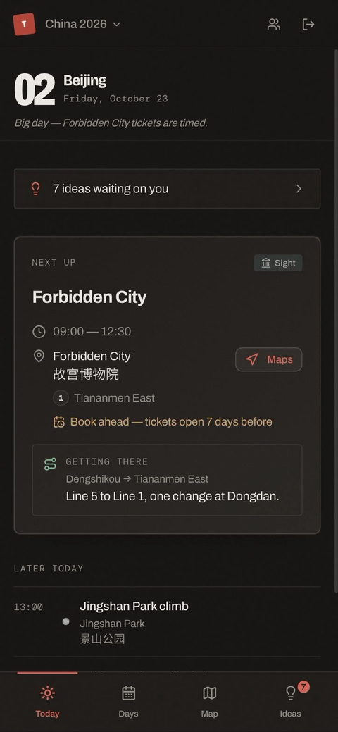Trippio walkthrough: an idea is typed into the capture bar, voted on, approved, and a Claude-suggested time slot lands it on the day's itinerary
